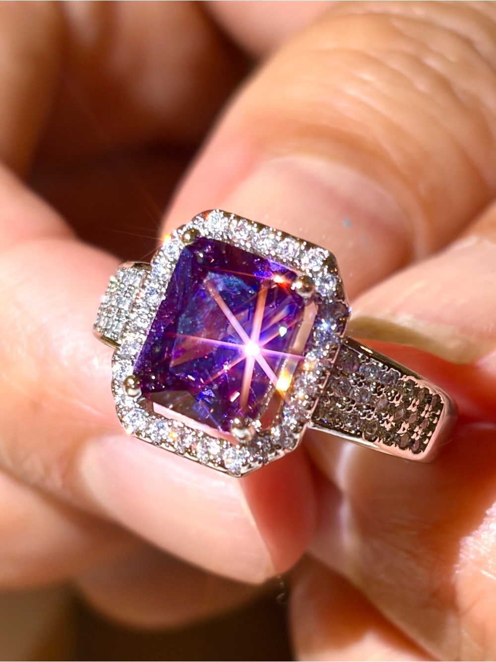 New Silver Tone 3ct Emerald Cut Amethyst Halo Engagement ring in